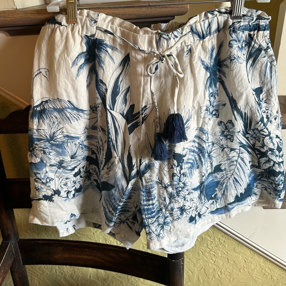 Johnny Was White and Blue Tropical High-Rise Shorts with Tassel Tie